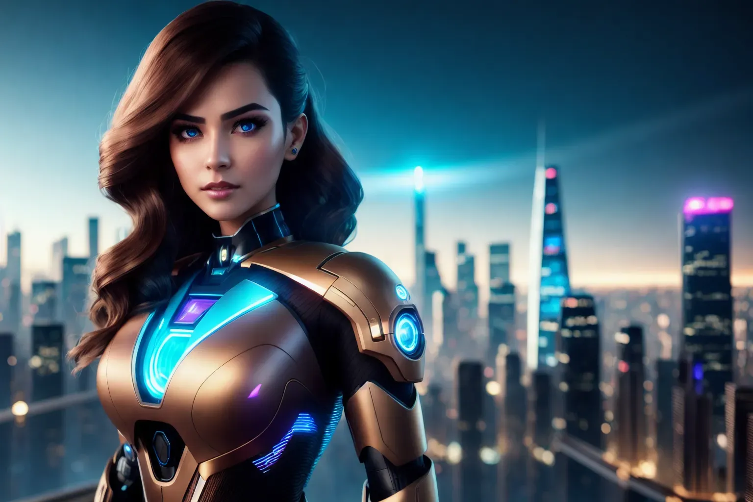 a realistic photo, a beautiful cyborg woman standing holding hologram a futuristic city in the background,five fingers per hand,silky hair,charming face,beautiful lips,brown eyes,curved eyebrows,curved eyelid,smooth skin,8k,cinematic lighting,cgsociety,artstation,professional