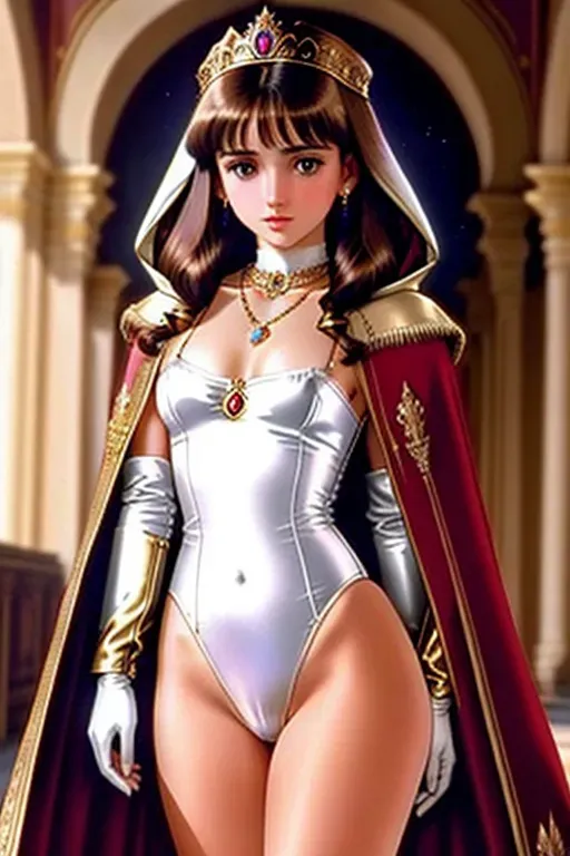 High Fantasy, Young Grand Duchess Anastasia, necklace, ((showing pussy)), white leotard, beautiful face, shy, gloves, cloak, standing, fit, ((brunette hair)), highly detailed, correct human anatomy, looking at viewer, front, closeup,