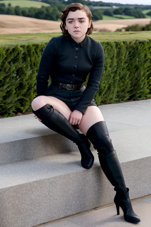 A hd picture of Maisie Williams , fully clothed, legs out, seated