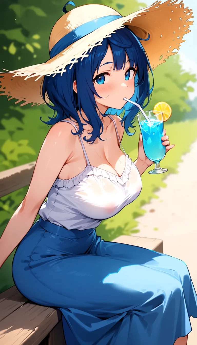yanami anna, 1girl, bare shoulders, blue eyes, blue hair, blue skirt, breasts, cleavage, collarbone, cup, drinking, drinking glass, drinking straw, drinking straw in mouth, fence, from side, glass, hat, holding, holding cup, long skirt, medium hair, outdoors, shirt, sitting, skirt, sleeveless, sleeveless shirt, solo, spaghetti strap, straw hat, white shirt, wooden fence , masterpiece, best quality, amazing quality
