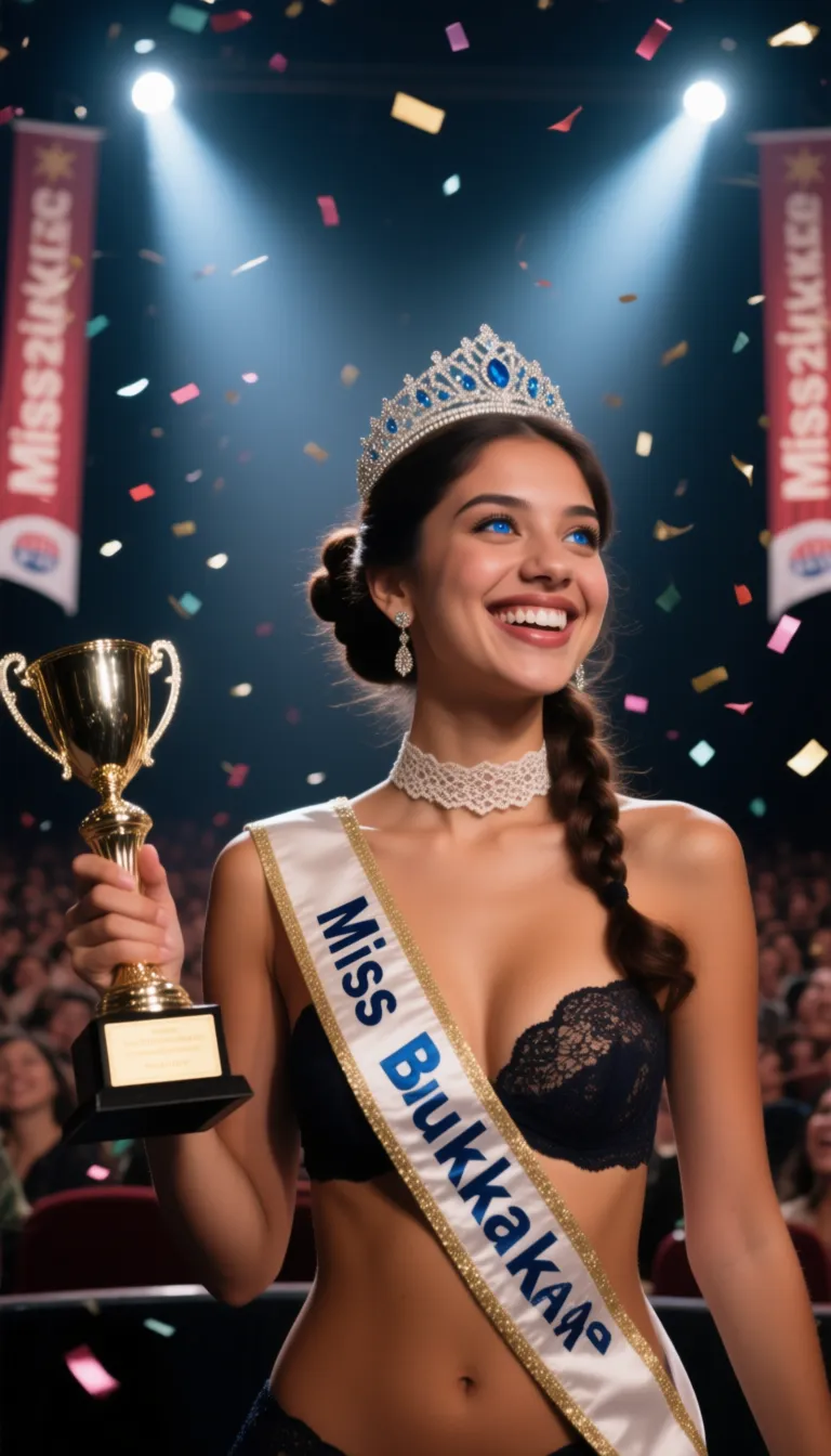 1 hot (Mexican) woman (brunette) (18 years old) (topless) has just won the election of Miss Bukkake 2025, she has a shiny tiara on her braided bun hair, she looks extremely happy with a (large smile:1.3), (blue eyes:1.2), she holds her trophy, (close-up), (lace choker),
she wears a sash with the text "Miss Bukkake" across her body, (dark suntanned skin:1.3),
on stage of a crowded theater, bright light coming from spotlights, vertical banners "Miss Bukkake" in background, (confetti flying around her:1.4)