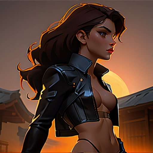 A concept art portrait of a beautiful sharp featured brunette dressed in a tight leather corset and ((bare-chested)) (((topless))) wearing (((thong underwear))), hyperrealistic, in the style of Michael Manning, mm-art, 4K resolution, detailed image, cinematic lighting, dramatic lighting, a moonlit night showing Japanese style buildings and artificial mechanical constructs in the background