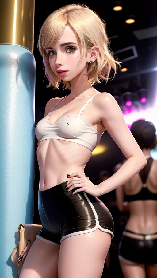 Candid photo of Emma Roberts in tight spandex shorts shorts and revealing tube top, (((under boob showing))), , at the club, small boobs