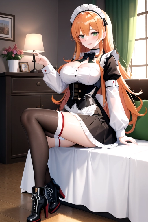 long hair, pale skin, orange hair, green eyes, black choker, giant H-cup breasts, wavy hair, white maid uniform, smiling, full body photo, 28 years old, miniskirt, cleavage, high heels, corset, 8k quality, boots, in living room