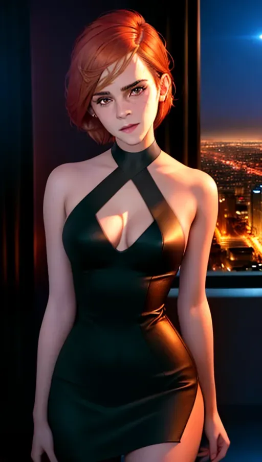 realistic HD photograph ((wide shot)), (((emma watson)))((((accurate face)))),(((as a escort prostitute model)))(((in a penthouse apartment overlooking a city late at night)))(((lustful flirting seductive aroused))), (((wearing bodycon halter dress))),(((short straight sleek haircut)))(((blunt bangs)))(((redhead))), ((very sexy pose)),(((perky breasts))),(((slender athletic body))), five slender fingers, beautiful face, beautiful lips,detailed large eyes,curved eyebrows,cgsociety,cinematic lighting,studio lighting,professional,editorial,<lora:dpmg_fingering:1.5>
