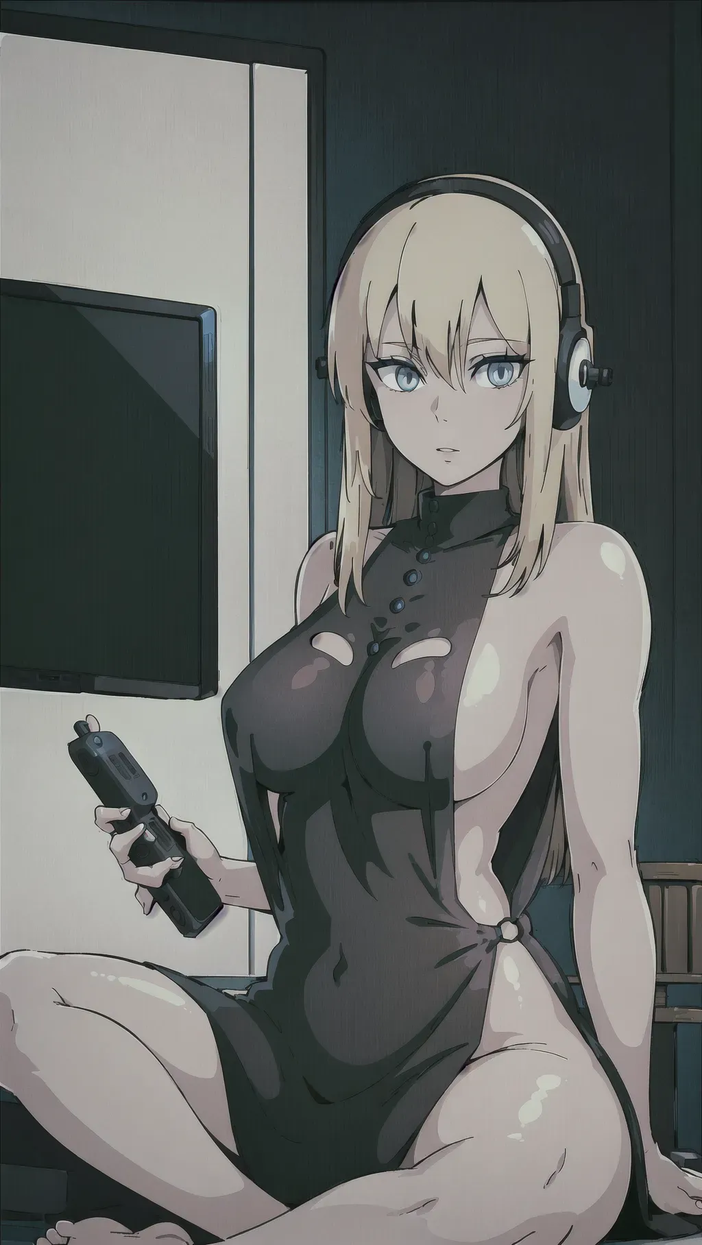Blonde hair goth girl with big boobs sitting indian style playing xbox, xbox controller, TV screen, headset, white see through nightgown, blue eyes, gorgeous face, smooth skin, <lora:dpmg_ghibli_style:1>