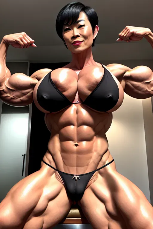 chinese, milf, huge breasts, muscular, abs, big muscles, wearing thong, bug butt, topless, no shirt, no bra, veins, huge muscles, pierced nipples, huge butt, nipple rings, bulging veins, bulging muscles, full breasts, chinese, bobcut hair, black hair, pubic hair, flexing, legs