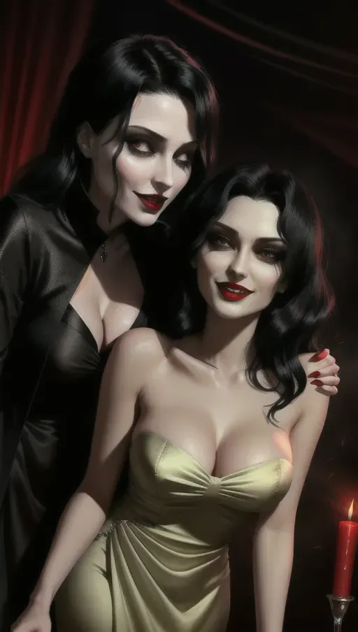 two figures in a dark and foggy goth club, an evil sexy sensual slightly taller dominant female black straight haired vampire woman with a wide toothy predatory smile, taking face of her victim in her hands gazing dominantly into her eyes hypnotizing innocent, light reddish-auburn gentle wavy hair, good girl mid-twenties Anna of Arendelle, relaxed, lips parted, eyes half closed in a modest soft green gown.