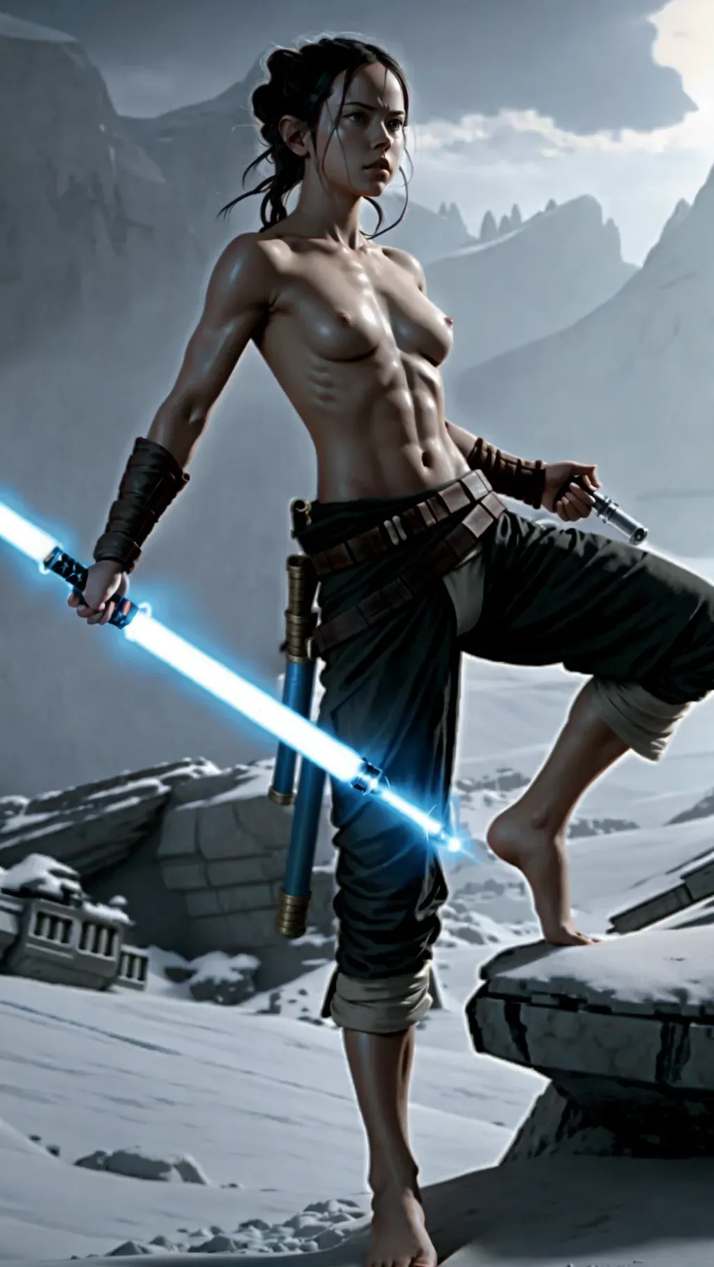 topless barefoot Rey Skywalker wearing her normal warrior pants with toned muscles while holding her lightsaber and fighting against the Empire in a battle on Hoth, barefoot, barefoot, barefoot, topless, topless, topless,