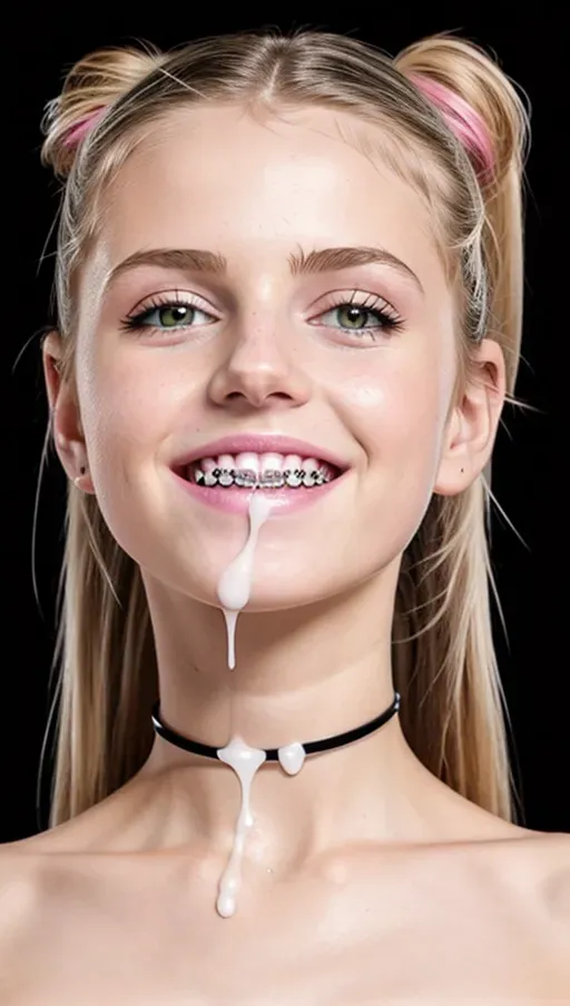 cute, pig tails, lots of ultrarealistic bukkake cum on face, lots of bukkake cum on body, white sticky stringy slime, straight hair, dyed hair, raver girl, nude, high detail, anorexic, Skinny, small tits, (wet), oiled, full nudity, high resolution, (8k), show entire body, (multiple girls), white slime spraying from out of frame and landing on girls, mouth open wide, (multiple girls touching), black choker necklace, thigh gap, leaning slightly forward, show entire body, tiny waist, high resolution, view from front, heavy colored eye shadow, thick black eyeliner wings, (braces with elastic bands), showing multiple girls entire bodies head to legs, high attention to detail placement of braces on teeth, higher resolution, slightly zoomed in, (full nudity)