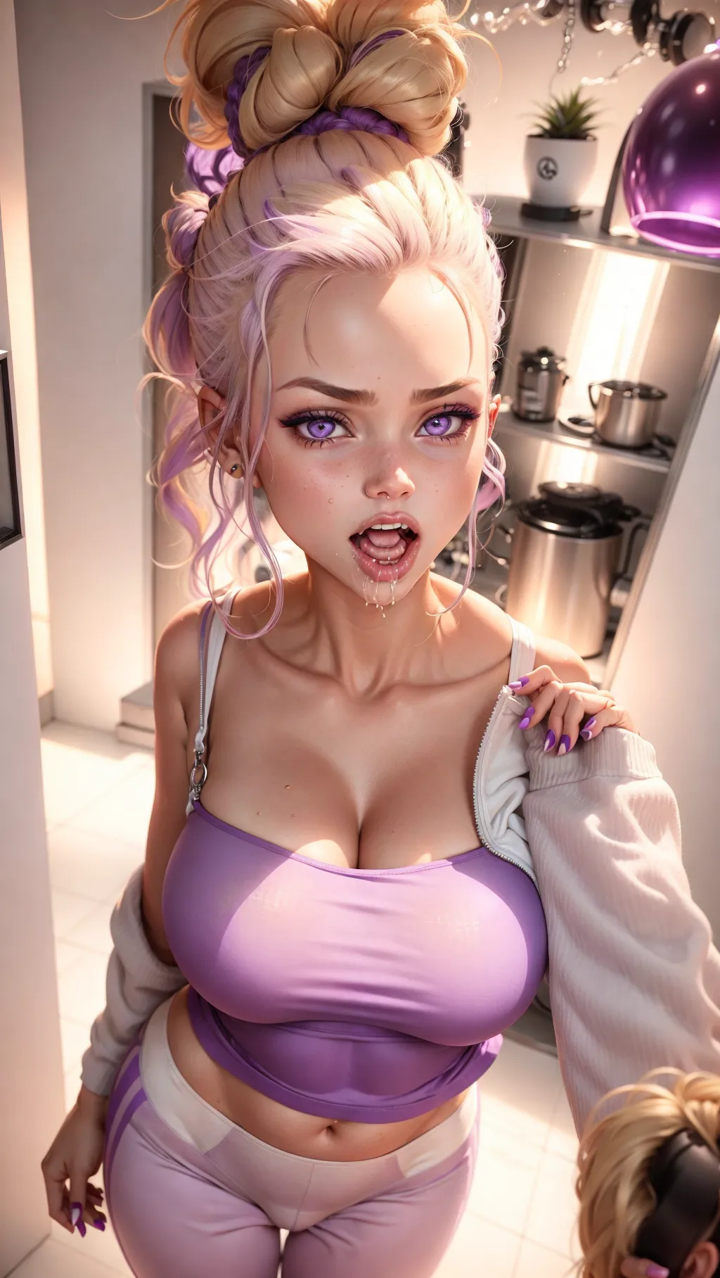 Dopamine Girl - Girl with purple and blonde hair in q messy bun, orgasm  face, white crop top, tight sweatpants, thigh gap, camel toe, big breast,  NRVZqvemgxY