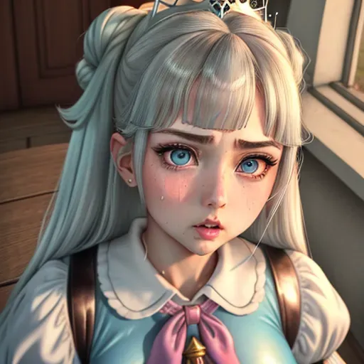 best quality, 1girl, dpmg_paizuri_v1, dpmg_pov_blowjob_v1, pov big cock between boobs, face closeup, tiara, wet clothes, princess, embarrassed, detailed face, big eyes, blue eyes, white hair, hairbun, sweaty