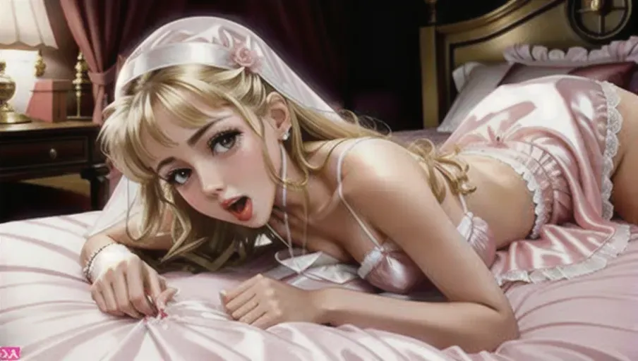 Pink satin bedsheets, white silk nightie, a prissy sissy masturbating her cock gushing cum