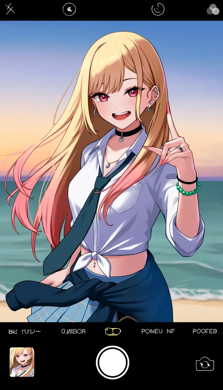 Painted by @matsu bokkuri. 1. Kitagawa Marin: The main focus of the image, positioned slightly off-center. 2. Blonde Hair: Long, flowing hair, with several strands seemingly floating. 3. White Short-Sleeved Shirt: Tied at the waist, revealing her midriff. 4. Pleated Blue Skirt: Worn around the waist. 5. Dark Teal Necktie: Loosely draped. 6. Black Choker: Around her neck. 7. Beaded Bracelet: Worn on her right wrist. 8. Multiple Piercings: Ear piercings (including a barbell and industrial piercing), and a tongue piercing. 9. Red Eyes: Striking color, contrasted against light hair. 10. Long Fingernails: Painted, noticeable due to length. 11. Sunset Sky: Gradient of peach, orange, and blue. 12. Calm Ocean: Bluish-green waves. 13. Beach: Barely visible in the background. 14. Index Finger: Pointed toward the viewer. 15. Open Mouth/Smile: Expressive facial feature. 16. Phone Screen Border/Interface: Surrounds the image, giving a “screenshot” effect. 17. Camera Icons: Various camera controls visible along the edges. 18. Thumbnail Image: A tiny image of what seems to be the same subject in a different pose.