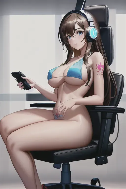 a digital painting of,a spanish girl,naked,sitting in a chair, playing video games, with a gamer headset on, long brown hair, full body, natural breasts,five fingers per hand,charming face,beautiful lips,bright blue eyes, longcurved eyebrows,textured skin,joyful,tattoo,studio lighting,professional,smooth,8k,editorial