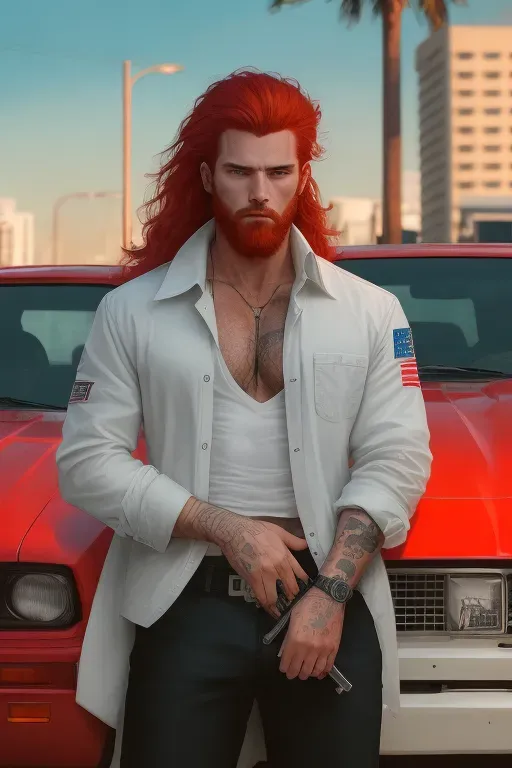 80, Miami vice, neon lights, red, grey, vivid, detective, fighter, red hair, red beard, chiseled features, blue eyes, strong chin, tall, strong and fit, long black padded jacket with red highlights, unbuttoned jacket, white shirt, chrome revolver gun in right hand, skull tattoos, standing beside a 1991 fox body mustang sports car, on the streets of miami, high definition, 4k quality, cinematic lighting, great shading, excellent detail, five fingers per hand
