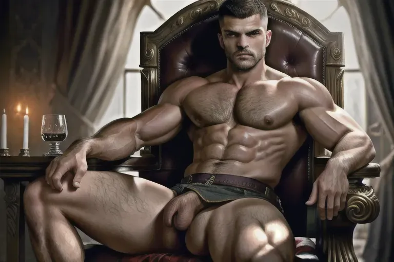 masterpiece quality, photorealistic, lean thin ripped buzzed hair Jamie Dornan, male focus, dominant, imposing, his huge hard penis out leaking precum, sitting on a throne, HDR 8K