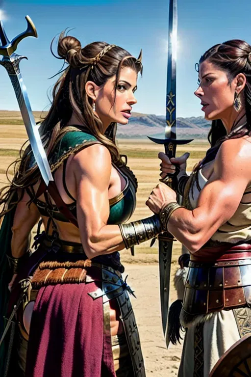 A 8k resolution photo of,(Sofia vergara and Kendra lust),((wearing viking outfit)),((fighting each other with swords)),((editorial)),((detailed scene)),((wide picture))