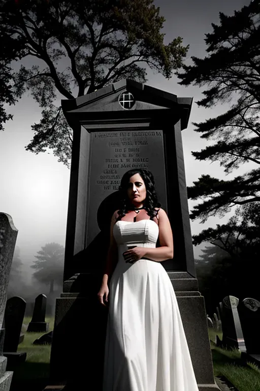 An old graveyard under a full red moon with broken tombstones bearing the names of famous horror writers like Stephen King, Edgar Allan Poe and H.P. Lovecraft, and a thick fog hiding a ghostly woman in a white dress holding out a pale hand and holding a black rosary