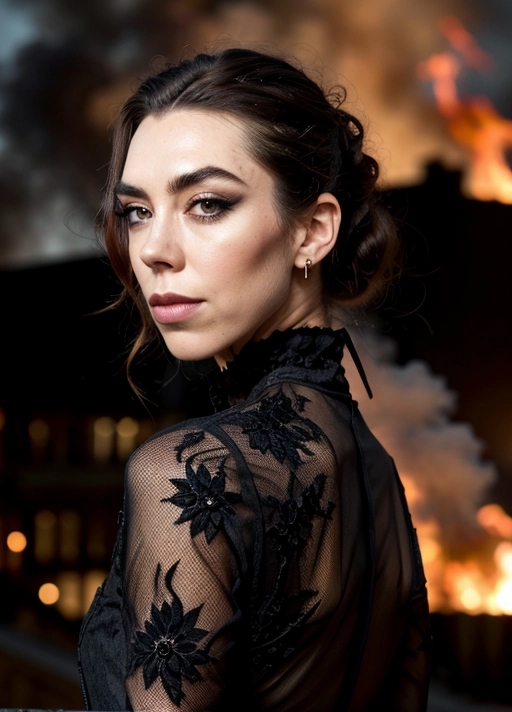 (skinny goth Vanessa Kirby:1.11),
(black makeup, black eyeshadows:1.13),sideview,
(accurate face, photorealistic face,perfect face,detailed face:1.27),
serious,(in dense smoke, vivid flames and fire in background:1.3),(wearing widow dress:1.1),
(face close up:1.25),
uncensored,
HDR, UHD, 64K,
Highly detailed,
Vivid Colors,
Studio lighting,
Professional,
Unreal engine,