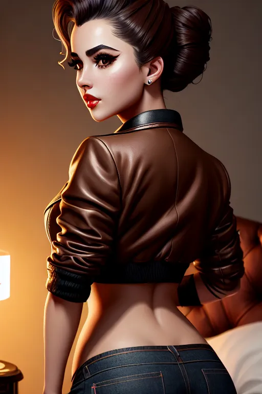 a oil painting of,a crazy girl,wearing jacket,arched back pose,on the bed,small breasts,five slender fingers,updo hair,beautiful face,beautiful lips,brown eyes,curved eyebrows,curved eyelid,tattoo,cinematic lighting,pixiv,artstation,smooth,cgsociety