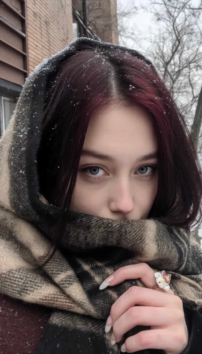 Close-up photo of a young white eastern european woman, mid-20s, partially covering her face with a large plaid scarf, holding the scarf with her hand, revealing long white manicured nails adorned with a cartoon character ring. She has straight, shoulder-length dark hair with red highlights, barely visible due to the scarf. Light snowflakes rest on her hair, suggesting a cold, snowy day. Blue-gray eyes are prominent, minimal makeup visible, her expression hidden by the scarf, creating a mysterious effect. She is outdoors, urban background with a brick wall and bare trees, winter season is evident, her face very underexposed and shadowed