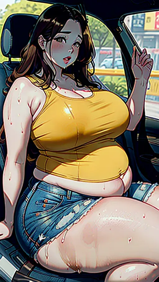 a photograph of, an ssbbw woman, brown eyes, short, sitting in backseat of car, smooth skin, pale skin, no makeup, bursting out of clothes, large forehead, small nose, cute, big eyes, plump lips, big mouth, thick lips, small breasts, natural small boobs, huge fat thighs, giant belly, huge love handles, belly hanging over waistband, giant juicy
gut, huge saggy belly, extra wide belly, big double belly, huge fat arms, spare tire, chubby, fat, obese, bbw, huge fat rolls, fat pussy, thicc, giant fat ass, huge fat butt, huge wide hips, light brown hair, straight hair, long hair, curved eyebrows, pale skin, sharp focus, editorial, detailed, artstation, yellow tanktop, yellow shirt, tight clothes, denim shorts, booty shorts, greasy, wet hair, sweaty, dripping sweat, drooling, smelly, dirty, filthy, nasty, feedism, weight gain