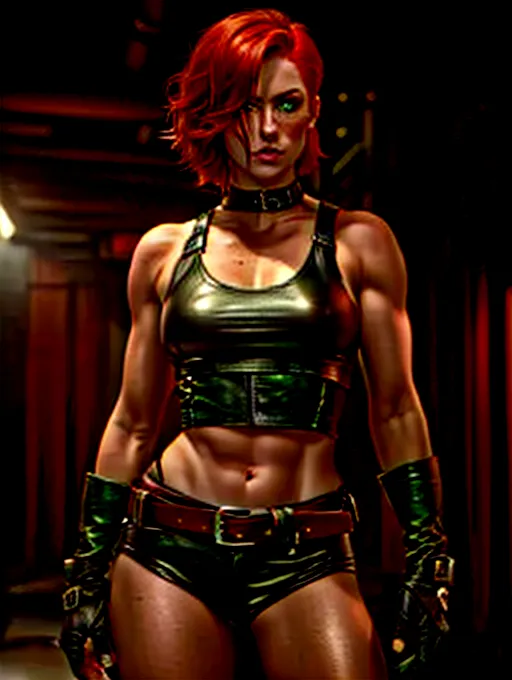Short red hair, freckles, green eyes, serious face, leather tank top, leather pants, elbow length gloves, leather belt, 8k resolution, high definition, cinematic lighting