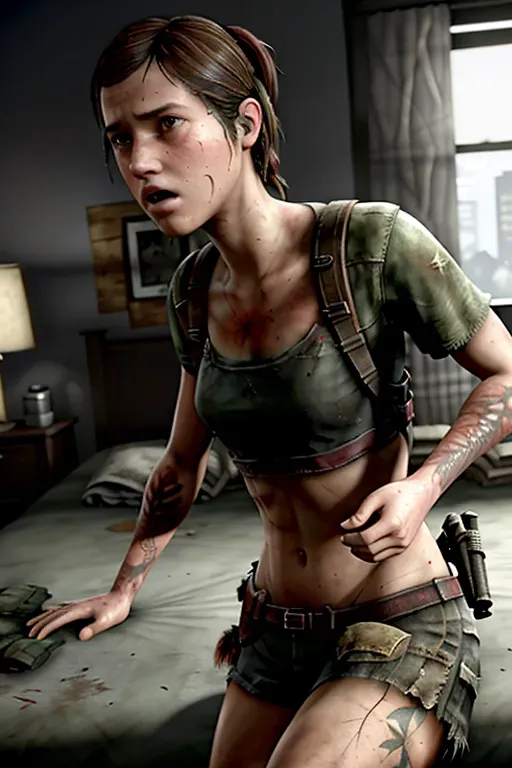 Ellie Williams, (The last of us 2 game character), bra and panties, ready to fuck on bed