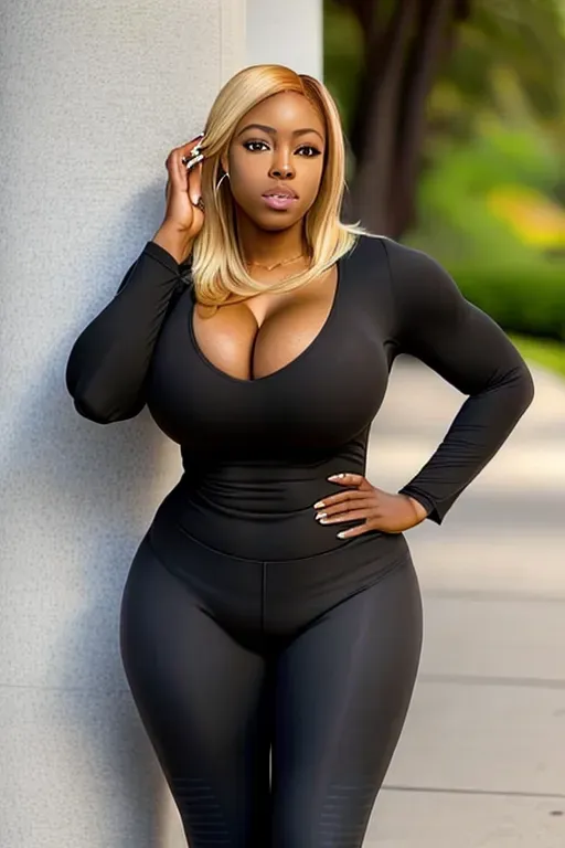 Black woman with blonde hair
Black top and leggings
Big butt
Thicc thighs
Posing for a picture