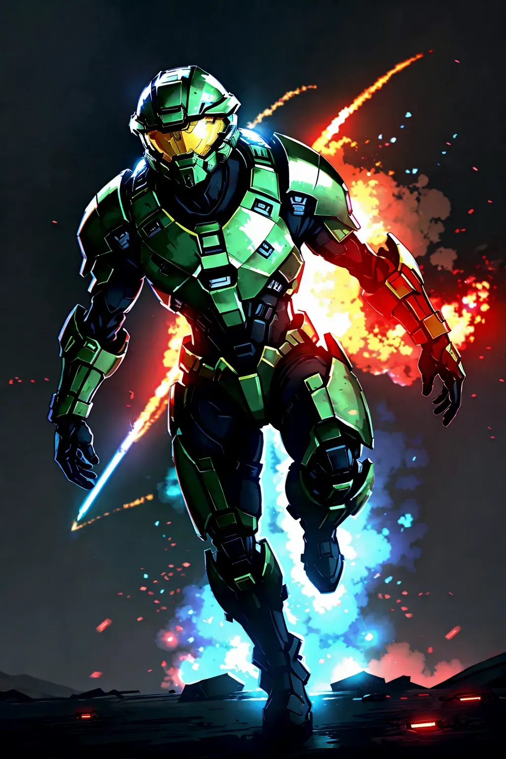 halo, spartan, helmet on, anime, male, 8k wallpaper, best quality, ultra hd, global lighting, hi-resolution, high quality, fighting, in a battlefield, explosions in the background
