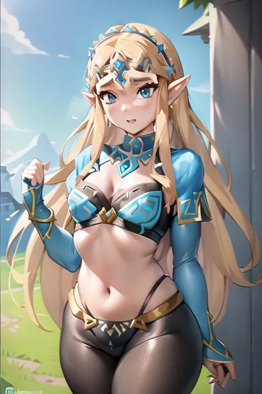 Princess Zelda (Zelda breath of the wild), small breasts, black leggings, blue top, wide hips, solo, small waist, thick thighs,