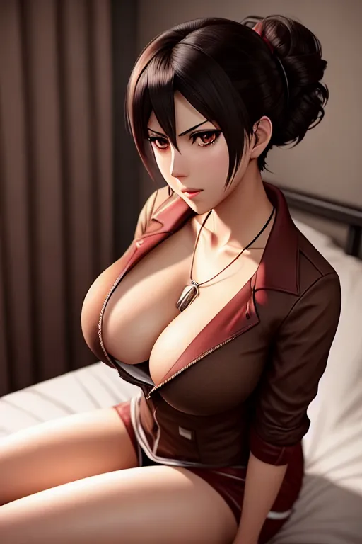 a photo shot of,mikasa ackerman,wearing burger clothes,sitting,on the bed,big breasts,five slender fingers,updo hair,beautiful face,beautiful lips,brown eyes,curved eyebrows,wearing necklace,cgsociety,highly detailed,editorial,artstation,sharp focus