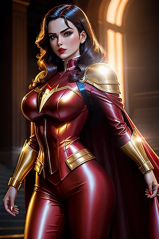 Golden age Superhero woman in dark red costume with golden armor