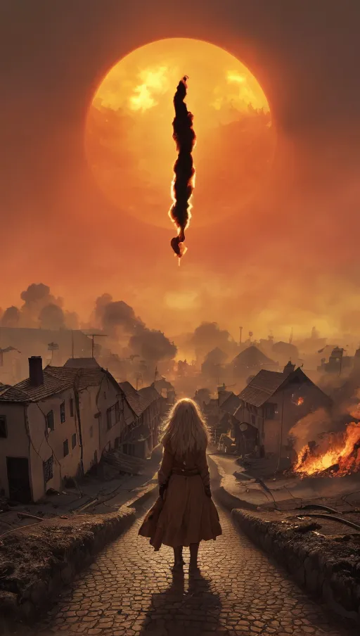 (the sun in the sky has a giant vertical pupil),
(The village beneath is on fire),