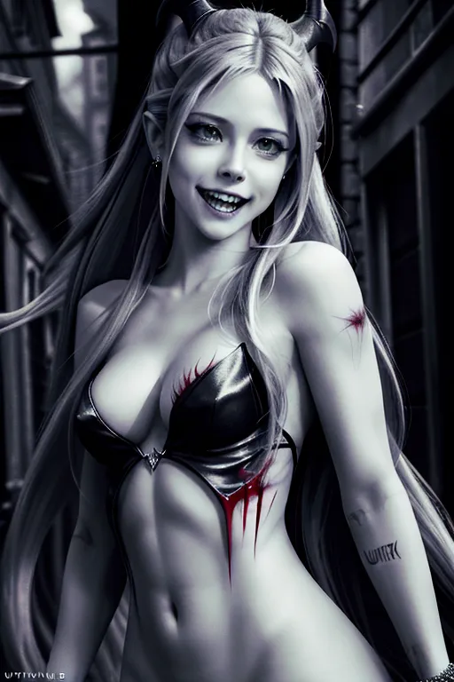 (Avril Lavigne), naked, ultra detailed face, 64k, vampire, razer sharp teeth, vampire teeth, blood on teeth, squinting menacing eyes, evil smile, dark alley, body modification, ultra detailed body image, 4k, ultra realistic, photo realistic,