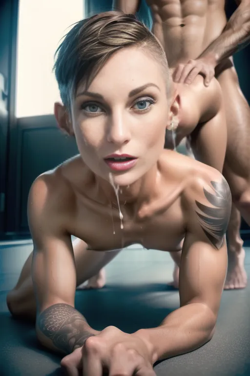 (tall athletic woman with muscular features), (androgynous face with angular features), nude, ((short butch brown hair)), tattoos, (((small breasts))), (topless, wearing silver thong), (<lora:dpmg_fucked_from_behind:0.6>, woman fucked doggystyle by older gentleman, on all fours, large penis, huge saggy testicles, cum splatter across her back, cum on ass, cum in pussy),

<lora:dpmg_add_detail:0.5>, ((masterpiece)), ((photograph quality)), ((realistic)),