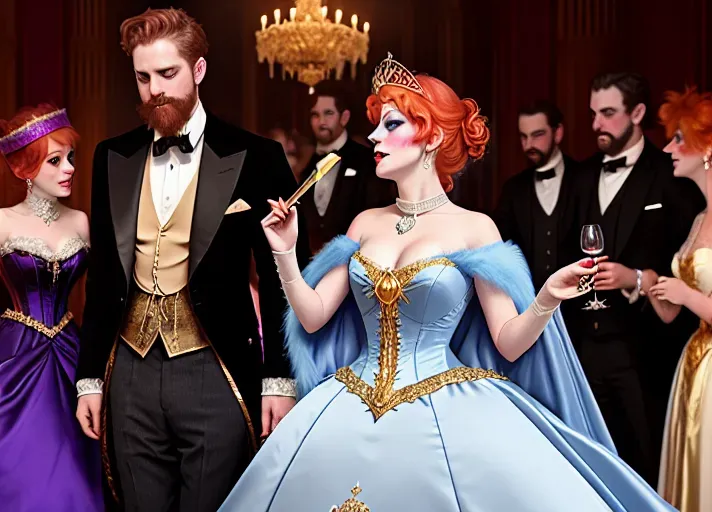 amidst the revelry of a grand late 1800s masquerade ball, a clumsy servant trips spilling red wine on beautiful, auburn haired, round wide blue eyed Queen Anna of Arendelle wearing a satin, pearl and gold mask, and a pristine white heirloom ball gown. An opportunistic Marquies De Sade looking on. photorealistic. High resolution