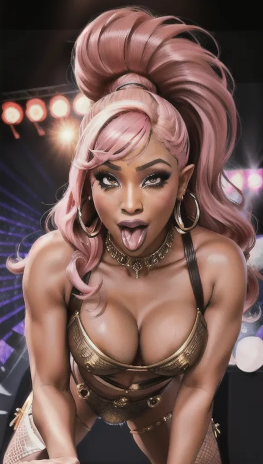 Masterpiece, best quality, Niki Minaj is fucked by orcs while performing on stage, Massive tits, big ass, live performance on stage at night, supermodel, perfect face, detailed facial feature, pink hair, concert spectators cheer as niki Minaj is fucked while singing and performing, cum on tits, cum on face, <lora:dpmg_fucked_from_behind:1>, <lora:dpmg_blowbang:.4>, all cocks are massive and very long, all cocks are green, light show,