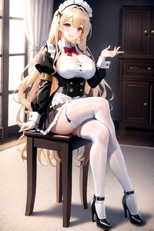 long hair, pale skin, blonde hair, brown eyes, black choker, giant H-cup breasts, wavy hair, white maid uniform, smiling, full body photo, 28 years old, miniskirt, cleavage, high heels, red corset, 8k quality, red boots, in living room