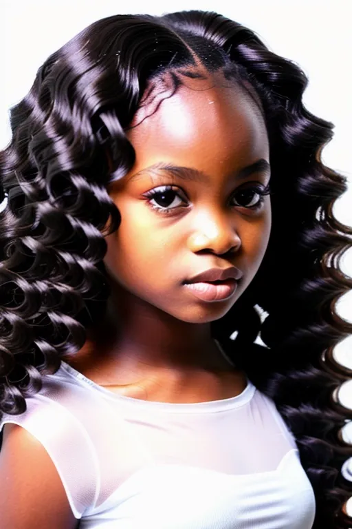 Headshot, A stunning gorgeous cute beautiful Nigerian preteen supermodel, long wavy hair, ((huge round eyes)), long eyelashes, tanned
