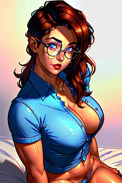 Beautiful, half naked FBI detective, medium dark hair, head band, round glasses, dark eybrows, blue eyes, concave nose, high cheekbone, soft cheeks, full lush red lips, cute narrow chin, soft and curvy build, small perky breasts, thin waist, thicc ass, full thighs, smooth legs, cute feet, scruffled un buttoned casual shirt, showing us her aroused naked pussy, throbbing aroused clit, thicc hips, laying down on the bed, inviting me to impregnate her, in the bedroom, dim lighting, ((high definition)), ((4k quality)), ((excellent lighting)), ((great shading)), ((pristine detail)), ((really clear picture)), ((beautiful vibrant colors)), ((accurate at lower prompt guidence)), ((ultra realistic)), (((five fingers per hand))), (((two arms per person))), (((two legs per person))), (((two hands per person))), (((two feet per person))), ((((100 percent according to prompt))))