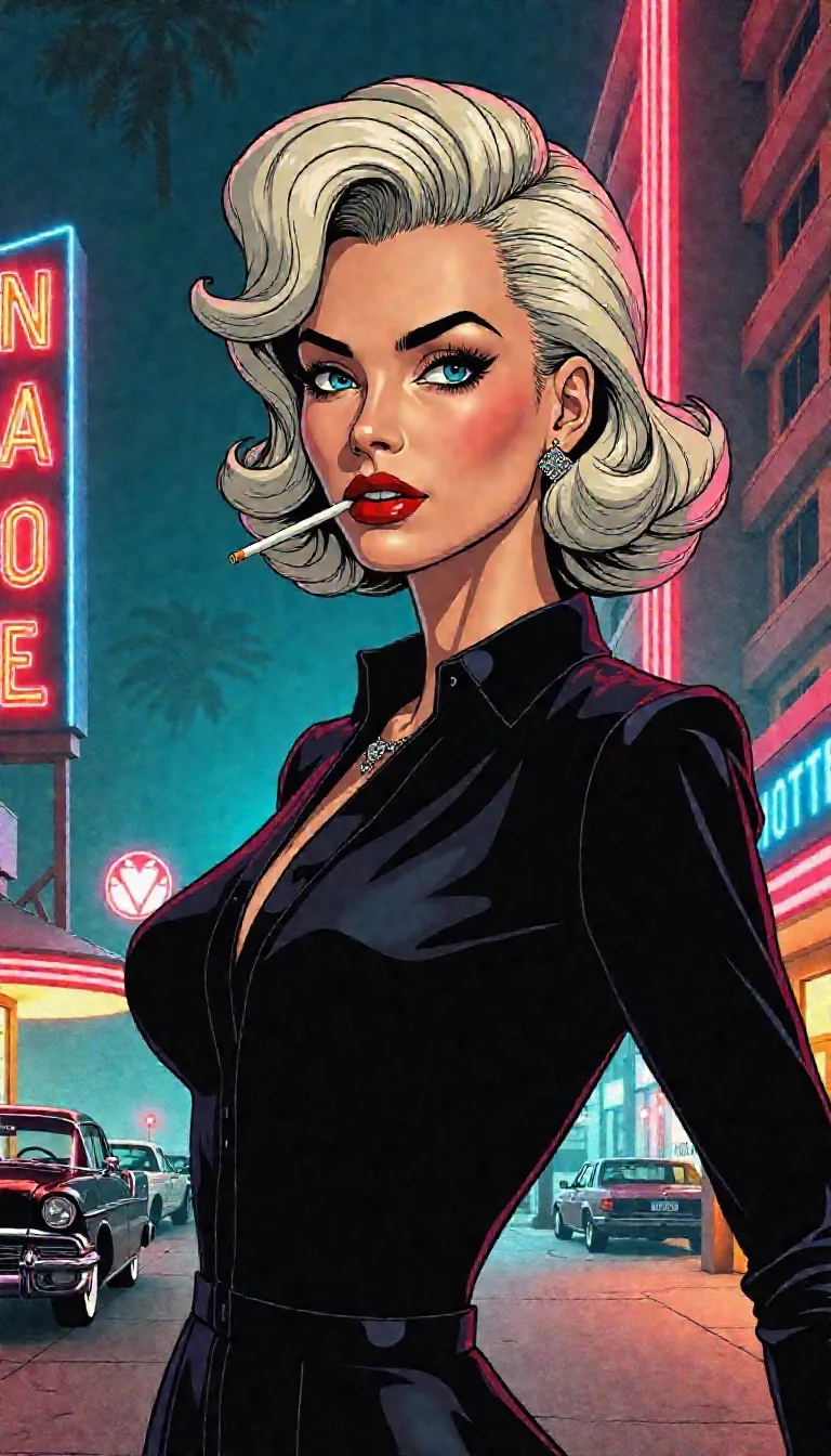 Tiffany Case, platinum blonde ambition, cold American elegance, 1950s diamond smuggler aesthetic, sharp glamour, underworld confidence, tailored noir fashion, cigarette-drenched lighting, calculated femininity, Las Vegas menace
stylized graphic novel illustration, bold ink linework, sharp cheekbone shading, sleek feminine silhouette with athletic build, platinum ash-blonde hair in a high-volume set, slim facial features with piercing blue eyes, minimal expression with a guarded gaze, confident cigarette-holding posture, fitted noir attire without exaggeration, diamond accents drawn with fine detailing, strong contrast lighting across high-contrast black and gray palette, crosshatched skin tone for realism, expressive ink lighting to emphasize facial tension,
dimly lit Las Vegas casino entrance at night, neon glow leaking across marble tile, 1950s cars parked under red signage haze, velvet roped lounge areas buzzing in soft blur, ambient tension in the air like a loaded gun under a silk dress, indoors but feels wide open and dangerous, angular shadows stretch from every gold fixture, decor screams expense and desperation in equal measure,
quiet distrust in every corner, precision elegance over warmth, cold dominance over charm, betrayal waiting under spotlight halos, an atmosphere soaked in unspoken danger, dramatic stillness despite luxury, noir world filtered through lipstick and smoke, every detail feels like a deal about to go bad,
She wore diamonds like regrets and walked like she’d never trust anyone again,
light cigarette smoke trails across foreground, diamond shimmer reflection under her wrist, posture pulled taut like a bluff held too long, she’s not smiling and you shouldn't either