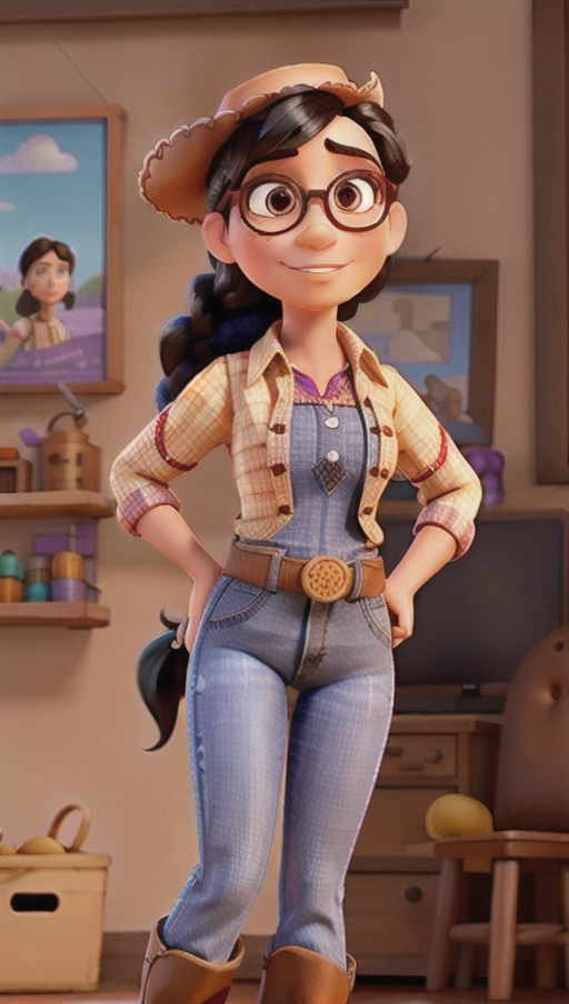A cowgirl wearing Jessie from Toy Story clothes, black hair, braid, glasses, dark-brown eyes, tall