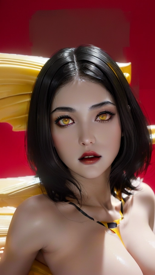 A 8k resolution photo shot of ultra detailed, ultra detailed skin, Adult vampire woman, masterpiece, (realistic, photo-realistic:1.37), thoughtful face, ((yellow eyes)), round face, greyish skin, ((short black hair,)) heavy eyeshadow, heavy black eyeliner, body tattoos, freckled face, large breasts, dark red lips, highly detailed skin textures, highly detailed eyes, ((blank red background)), gorgeous face, bare neck, professional photograph, dramatic bright lighting, (((completely naked))), wide face, Chubby cheeks. wide neck, smooth skin