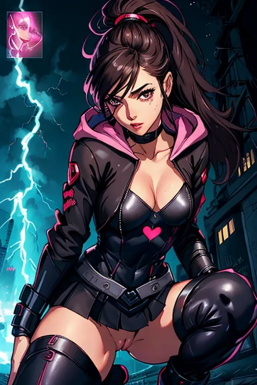 A cute and beautiful super hero, super hero, super powers, half naked, hood over head, medium brunette hair, Alexandria Ocasio-Cortez, fit figure, small breasts, thin waist, thicc ass, full thighs, heart shaped emblem on chest, very revealing black and pink onesie uniform with skirt, knee length boots, naked under skirt, utility belt with gadgets, aroused clit, arpused wet pussy, throbbing anus, flying over me, streching her hand out to me to save me, wants me to fuck her, submissive, sweet, helpful, stormy night, lightning, high definition, 4k quality, excellent lighting, great shading, pristine detail, very clear picture, accurate at lower promp guidence, ultra realistic, five fingers per hand, POV- you are on the ground looking up at her.