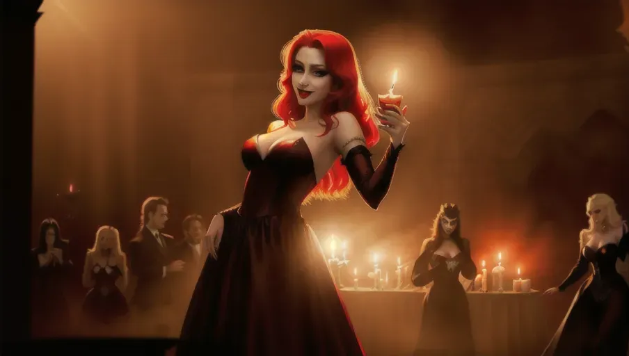 medium shot of the sexy vampire vixens of Dracula hungerly at an erotic party with their redheaded hypnotized innocent victim. Drinking, dancing, kissing, seducing their hypnotized victim, placing upon her head a shadowy veil. on a foggy moonlit night in the shadowy ballroom of a decerped old castle. Beautiful redhead still human victim early mid-thirties moderate breasts good sweet innocent, big soft round eyes, warm smile Anna of Arendelle in an elegant Nordic ballgown.
photorealistic. High resolution