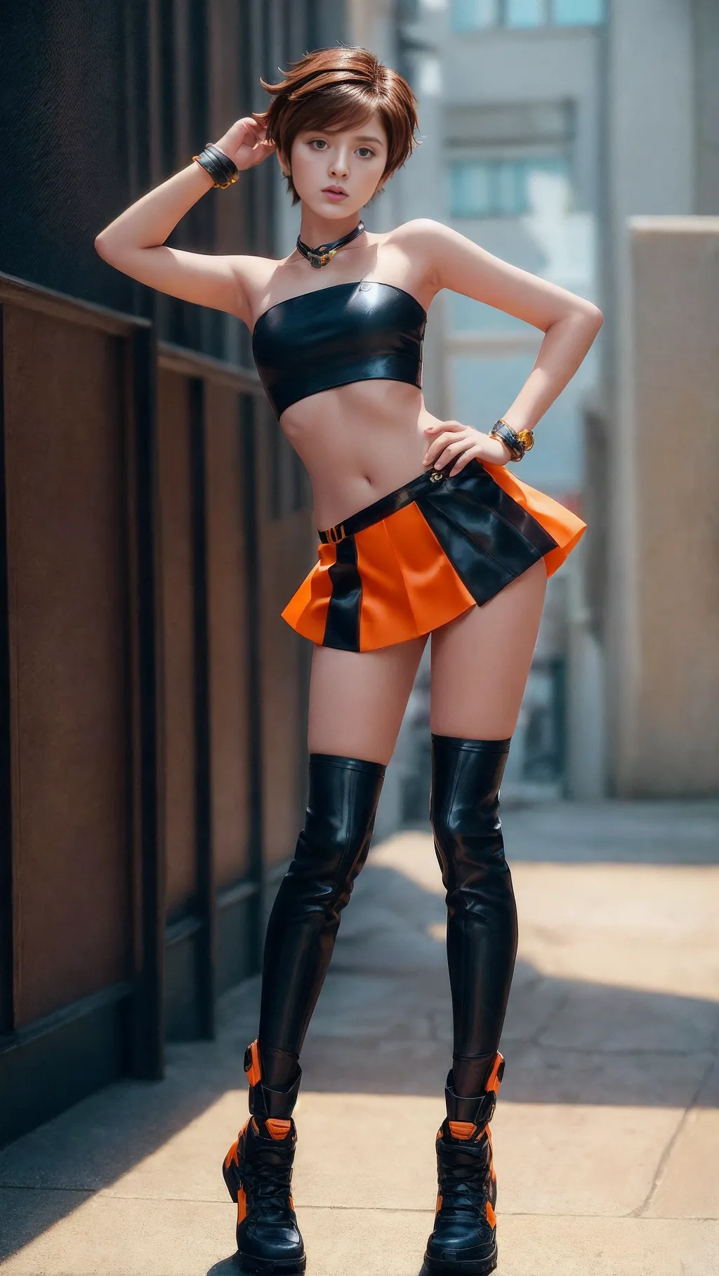 tracer from overwatch, young british woman, beautiful face, beautiful lips, brown eyes, young face, cute face, small breasts, many accessories
orange tubetop, black mini skirt
(best quality:1.4), ((masterpiece)), ((realistic)), (detailed), photorealistic, ultra detailed, Perfect body, Perfect face, 30mm, f-1.4, (:1.5) <lora:dpmg_add_detail:1>