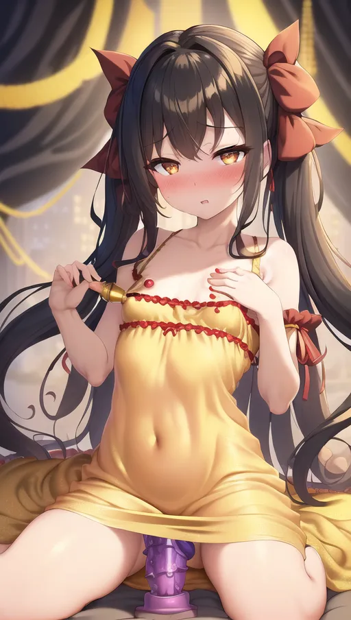 masterpiece, best quality, ((small breasts)), detailed background, woman in a city, ((golden nightgown)), black hair in curly pigtails, detailed golden eyes, exhausted, blushing, pointy nipples, red ribbon in hair, dildo, vibrator, tied to dildo
