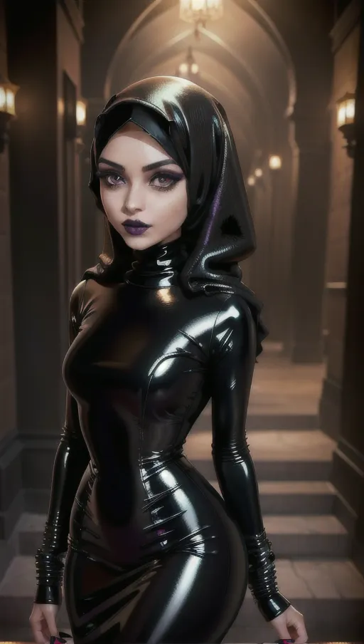 ultrarealistic image, very cute sexy goth muslim, dark eyeshadow, black lipstick, wearing tight beautiful latex dress, hijab, very detailed eyes, very detailed hair, very detailed face, ((extremely small waist)), very skinny body, on a romantic date